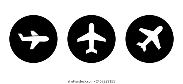 Plane, airplane icon set on black circle. Aircraft, flight concept