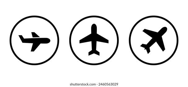 Plane, airplane icon set on circle line. Flight concept
