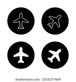 Avión, icono de avión establecido en círculo negro. Símbolo de signo de avión