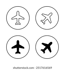 Plane, airplane icon set on circle line. Flight, aeroplane sign symbol