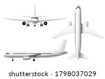 Plane or airplane, realistic aircraft or passenger aeroplane, vector 3D model isolated mockup. White blank airplane in flight, front, top and side view, airline jet with engines, civil aviation