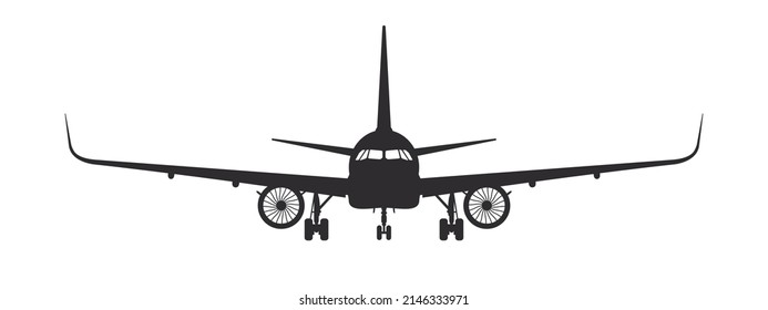 Plane. Airplane Silhouette Front View. Passenger Plane Concept. Vector Image