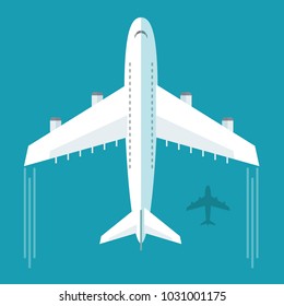 Plane or airplane in the sky vector illustration in flat style. Icon White, flying plane, top view.
