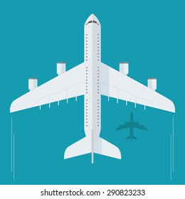 Plane or airplane in the sky vector illustration in flat style. Icon white, flying plane, top view. 