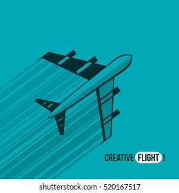 Plane or airplane in the sky. Vector illustration. Flying plane, top view.