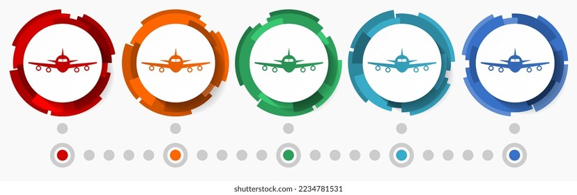 Flugzeug, Reisekonzept, Vektorsymbol-Set, moderne Design-abstrakte Web-Buttons in 5 Farboptionen, Infografik-Vorlage für Webdesign und mobile Apps