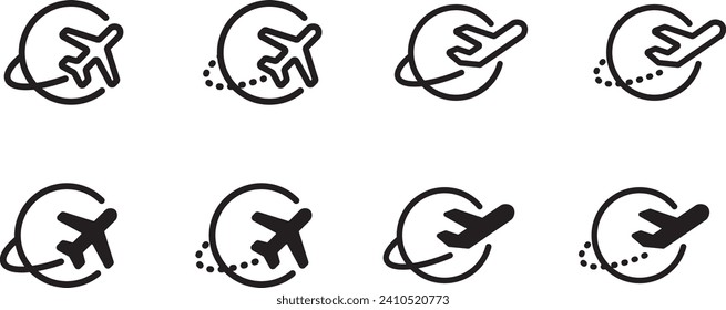 plane airplane travel logo symbol icon vector set global globe world vacation flight trip transport destination passport stamp fly illustration graphic design art minimal