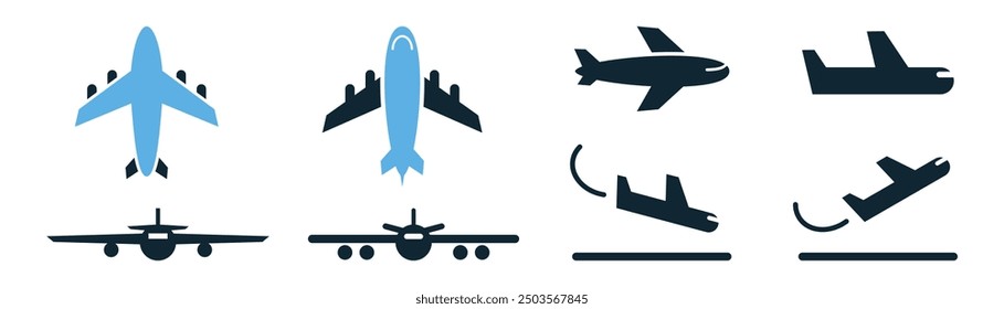 plane, airplane, vehicle, airport, flight, plane landing and take off, from side and front side. air transportation glyphs sign icon symbol ui and ux design