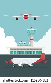 Plane at Airport arrivals and departures travel sky and clound background bule, Vector Illustration