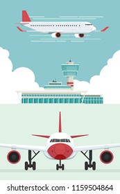 Plane at Airport arrivals and departures travel sky and clound background bule, Vector Illustration