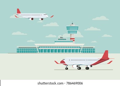 Plane at Airport arrivals and departures travel sky and clound background bule, Vector Illustration