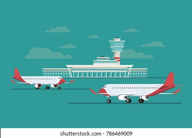 Plane at Airport arrivals and departures travel sky and clound background bule, Vector Illustration