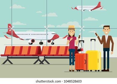 Plane at Airport arrivals and people man and women with suitcases, Vector Illustration