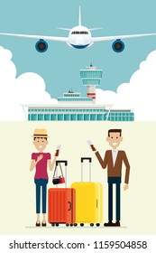 Plane at Airport arrivals and people man and women with suitcases, Vector Illustration