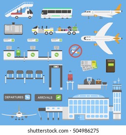 Plane airport symbols flat design illustration icons objects. Travel air port station transport and buildings vector 