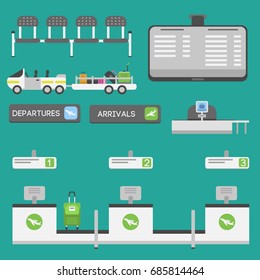 Plane airport transport symbols flat design illustration station concept air port symbols departure luggage plane business vector