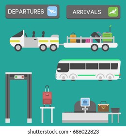Plane airport transport symbols flat design illustration station concept air port symbols departure luggage plane business vector