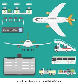 Plane airport transport symbols flat design illustration station concept air port symbols departure luggage plane business vector