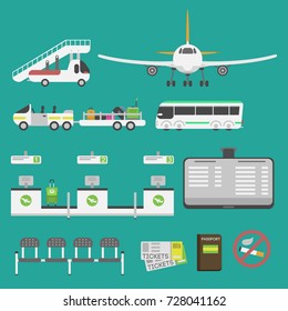 Plane airport transport symbols flat design illustration, station concept air port symbols, departure luggage plane business vector
