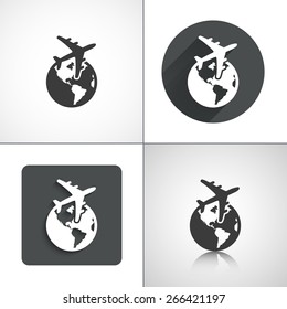 Plane around the world icon. Flat shadow designs. Vector illustration.