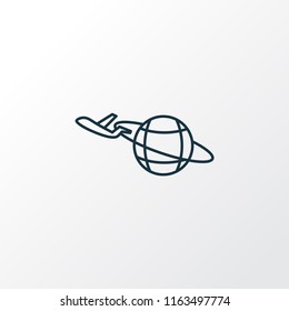 Plane around the world icon line symbol. Premium quality isolated international aviation element in trendy style.