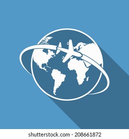 plane around the world icon with long shadow