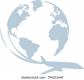 Plane around world or planet. Vector illustration. Travelling and tourism concept. Flying around Earth. Worlwide icon. Plane on earth icon. Globe and travel sign. Earth logo.