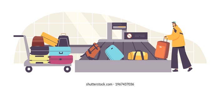 Plane Arrival, Departure, Tourism Concept. Tourist Female Character Claim Baggage in Airport Belt. Woman Taking Luggage in Carousel Area after Airplane Flight. Cartoon People Vector Illustration