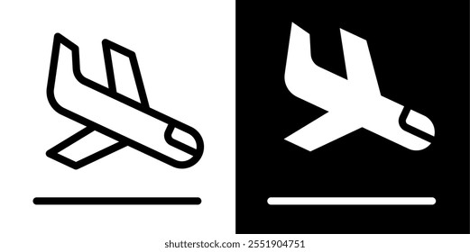 Symbol für die Ankunft des Flugzeugs. Flugzeug Ankunft Symbol mit Linienstil. Flugzeug Ankunft Symbol mit Glyphe Stil. 