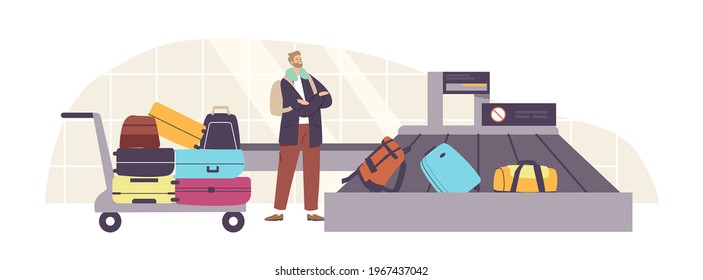 Plane Arrival, Tourism Travel Concept. Tourist Male Character Claim Baggage in Airport Belt. Man Waiting Luggage in Carousel Area after Airplane Flight Departure. Cartoon People Vector Illustration