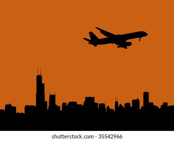 plane arriving in Chicago at dusk illustration