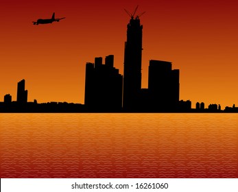 plane arriving in Hong Kong at sunset illustration