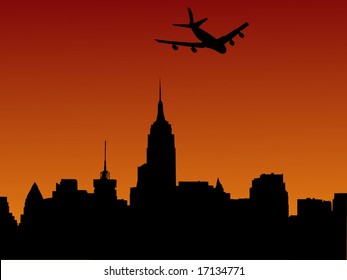 plane arriving in Manhattan at sunset illustration