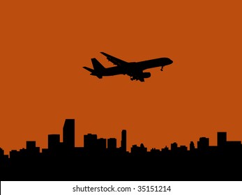 plane arriving in Miami at dusk illustration