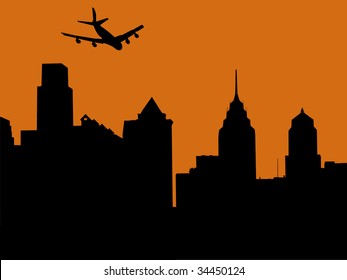 plane arriving in philadelphia at sunset illustration