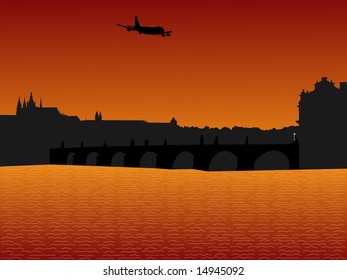 plane arriving in Prague at sunset illustration