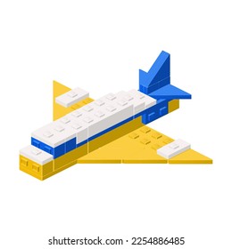 Plane assembled from plastic blocks in isometric style for printing and decoration. Vector illustration.