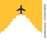 Plane with background for text. Takeoff airplane with white clouds and background for text. Abstract air path of flight airplane. Silhouette plane with route. Vector stock illustration