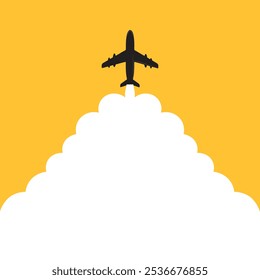 Plane with background for text. Takeoff airplane with white clouds and background for text. Abstract air path of flight airplane. Silhouette plane with route. Vector stock illustration