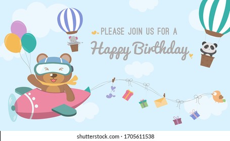 Plane balloon birthday card template vector/illustration,Birthday greeting cards with cute animals. Funny animals on Plane balloon,Vector illustration.