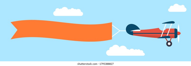 Plane with banner in flat style. Biplane flying with poster. Vector