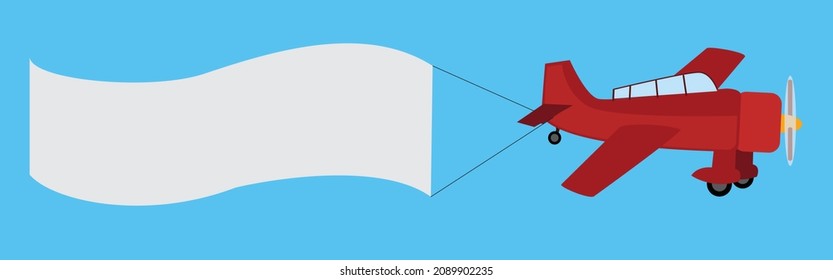 Plane with banner in flat style. Biplane flying with poster. Vector