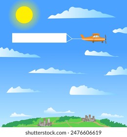 A plane with a banner flies over cities and forests. At the bottom, the cities are connected by a road, and in the sky there is the sun and light clouds. Vector illustration the plane drags a blank