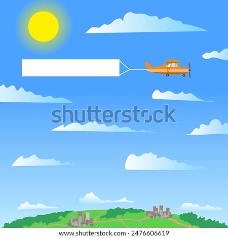 A plane with a banner flies over cities and forests. At the bottom, the cities are connected by a road, and in the sky there is the sun and light clouds. Vector illustration the plane drags a blank