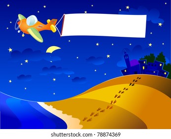 Plane with banner over the sea, vector