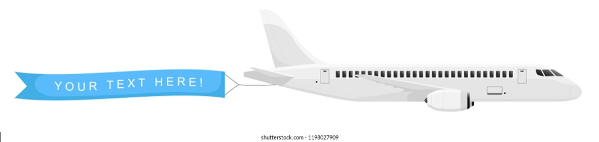 Plane with banner in the sky isolated on white background. Air vehicle with an empty ribbon for advertising. Simple realistic and modern design. Flat style vector illustration.