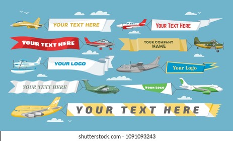 Plane Banner Vector Airplane Or Aircraft With Blank Message Advertisement And Text Template Ad In Illustration Set Of Aeroplane Or Airliner Advertising In Sky Isolated On Background