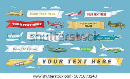 Plane banner vector airplane or aircraft with blank message advertisement and text template ad in illustration set of aeroplane or airliner advertising in sky isolated on background