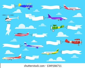 Plane banners. Sky banner airplane flying planes helicopter ribbon flight message pull advertisement retro trip poster, vector clipart