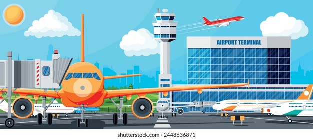 Plane Before Takeoff. Airport Control Tower, Jetway, Terminal Building And Parking Area. International Airport Concept. Cityscape, Airplane In Sky With Clouds And Sun. Flat Vector Illustration